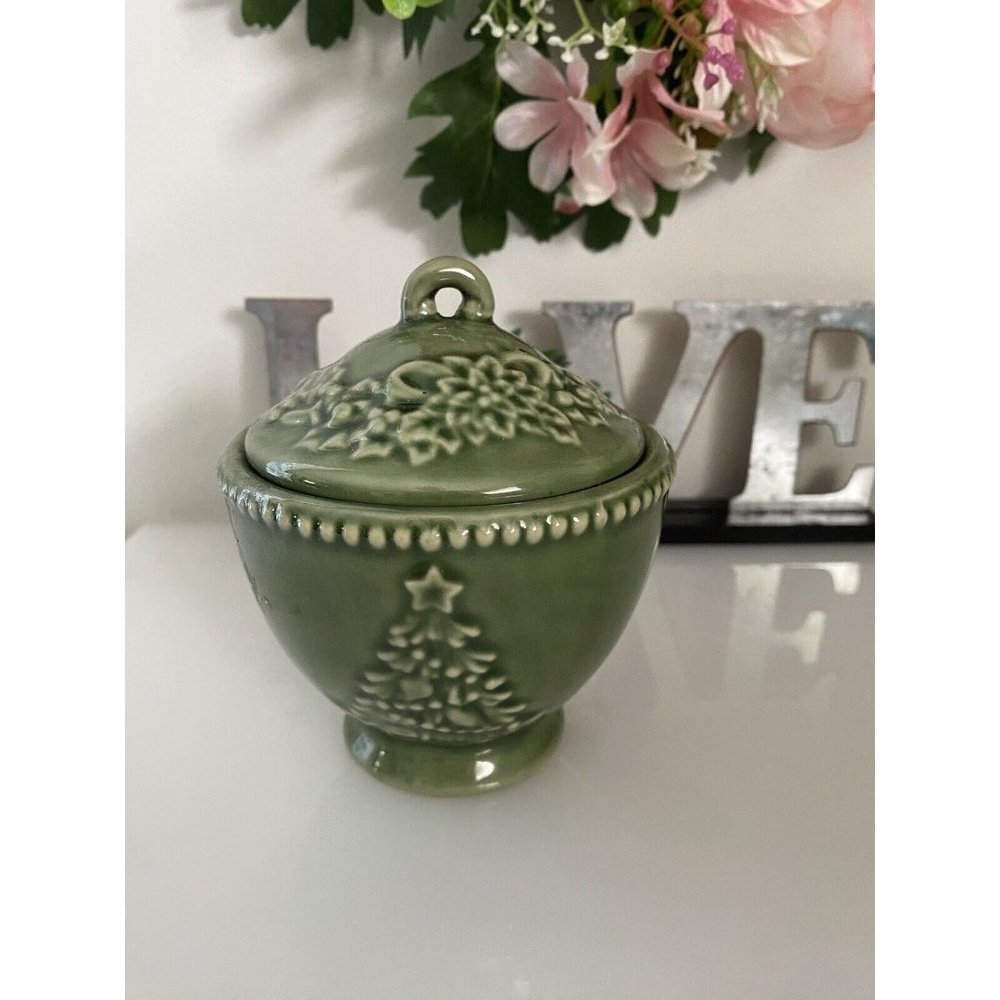 Cracker Barrel Peace‎ On Earth Sugar Bowl And Lid Green With Christmas Tree Vtg